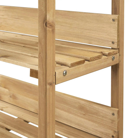 Side view of Potting Bench With Natural Wood Top And 3 Tier Shelves Outdoor Garden Workstation showing wooden shelves and frame