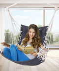 Cozy Hammock Chair Swing With Wooden Armrests, Sturdy Steel Spreader Bar, Plush Back Pillow, Cotton Woven Fabric, Indoor Outdoor Lounger