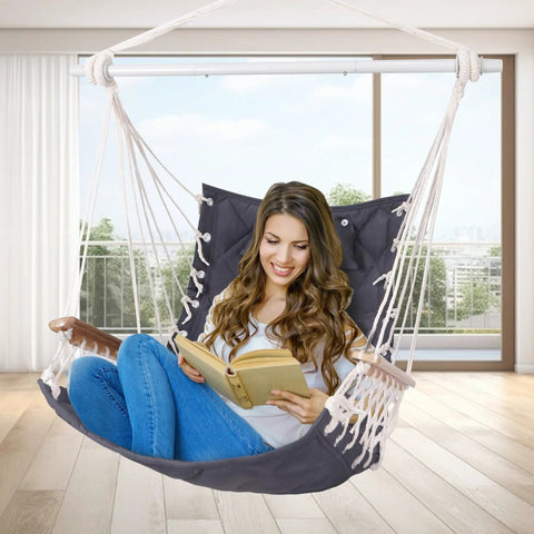 Cozy Hammock Chair Swing With Wooden Armrests, Sturdy Steel Spreader Bar, Plush Back Pillow, Cotton Woven Fabric, Indoor Outdoor Lounger