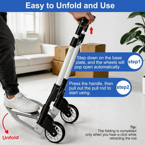 Lightweight Folding Hand Truck With No Sweat Compact Design And Hella Easy Storage For Sweet Everyday Moves And Multi Purpose Utility Dolly Cart With Smooth Rolling Wheels being unfolded with clear instructions.