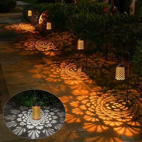 Outdoor Solar Lanterns 4 Pack Hanging Garden Lights Waterproof Metal Yard Pathway Landscape Decor Lamps With 2 Lighting Modes And No Fuss Setup For Backyard Patio And Easy Nighttime Illumination casting shell patterns at night
