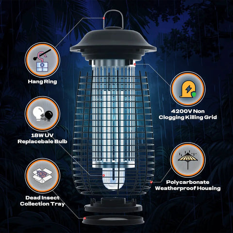 Indoor Outdoor Bug Zapper 4200V Electric Mosquito Killer with grid and bulb details, suitable for home and patio use.