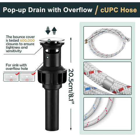 Pop-up drain and hoses for Waterfall Style Brushed Nickel Bathroom Faucet For Sink With One Or Three Hole Setup, Easy Install