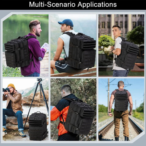 Rugged 45L Tactical Backpack Water Resistant MOLLE EDC Pack used in diverse outdoor scenarios, including hiking and photography.