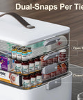 CTIME 4-tier XL medicine organizer with leather handle; open view showing pills and first-aid supplies.