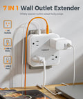 Frictionless Multi Plug Outlet Extender With Four AC Power Jacks And Three Fast USB Charging Ports Smooth Design Wall Tap for desk use, showing connections.