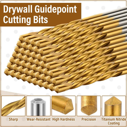 50 Piece Drywall Cutting Bits 1/8 Inch Shank Titanium Nitride Coated High Speed Steel Tips Spiral Saw Compatible