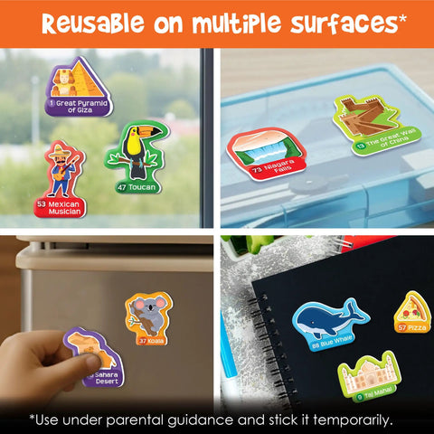 Mapology World Map With Reusable Stickers for Kids Ages Five To Twelve on various surfaces including windows and notebooks.