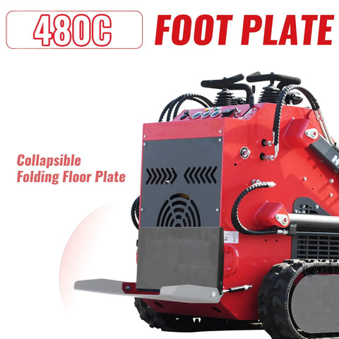 Compact Stand On Crawler Mini Skid Steer Loader With Trencher And 23 HP Gas Engine showing folding foot plate in detail