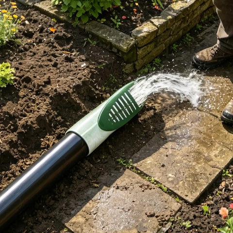 Angled Outdoor Drainage Grate Channel Kit With 4 Inch Built In Cover And Anti Clog Grid installed in a garden path