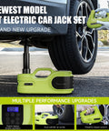 Green electric car jack kit with LCD display and built in air pump lifting a car wheel