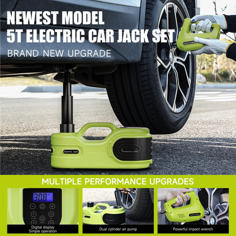 Green electric car jack kit with LCD display and built in air pump lifting a car wheel