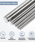 Close-up of 304 stainless steel fully threaded rods highlighting smooth texture and corrosion resistance.