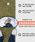 Alignment Mirror With Two Alignment Rods Portable Golf Training Aid reflecting golfer's swing, showing gridlines on green grass.