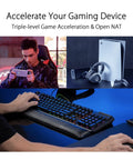 Collage showing a gamer, a console, headsets, and a keyboard setup for the ROG Rapture GT6 Tri Band WiFi 6 Mesh System for Gaming.