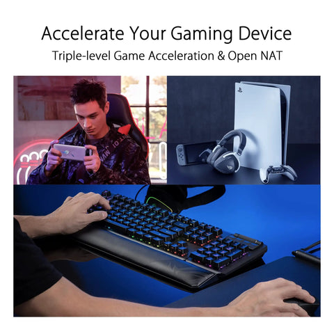 Collage showing a gamer, a console, headsets, and a keyboard setup for the ROG Rapture GT6 Tri Band WiFi 6 Mesh System for Gaming.