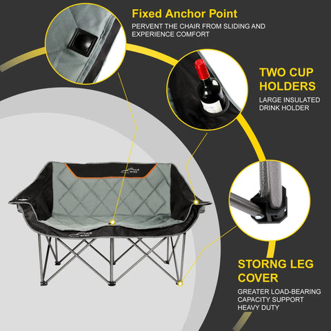 Oversized Fully Padded Camping Chair Folding Loveseat For Outdoors Heavy Duty Quad Fold Camp Couch With Cup Holder