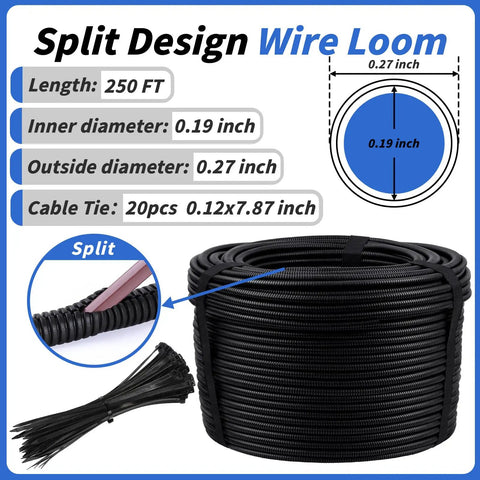 Heavy Duty Split Wire Loom Tubing, One Quarter Inch 250 Foot Wire Protector with 20 Cable Ties for Automotive Marine RV Cables