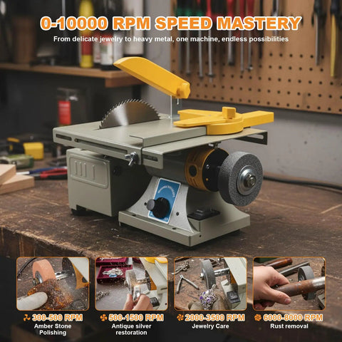 All In One Lapidary And Jewelry Polisher With 0 To 10000 RPM Benchtop Grinder in workshop setting, four usage examples shown.
