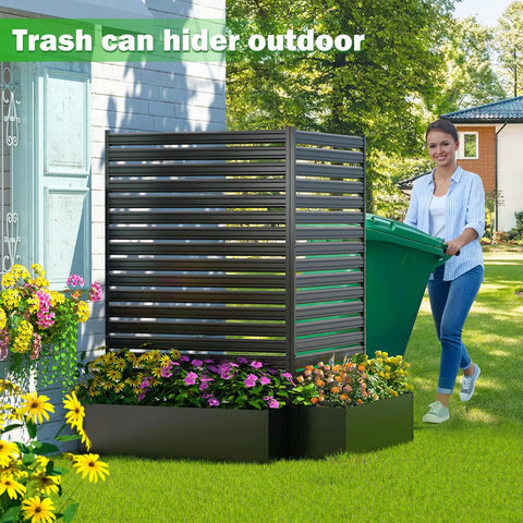 No-Dig Metal Patio Privacy Fence Screen With Planter Box for Outdoors, rustproof enclosure for trash can, garden setting