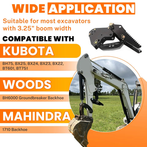 Backhoe Thumb Excavator Claw Fits 3.25 Inch Boom Width For Kubota Woods Mahindra John Deere Attachments Built Tough Steel For Real Heavy Lifting And Precise Grading with digger on grass field.