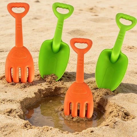 Large Beach Sand Toy Set With Two Shovels And Two Rakes In Mesh Bag Sixteen Point Five Inch Heavy Duty Plastic Four Piece Kit.