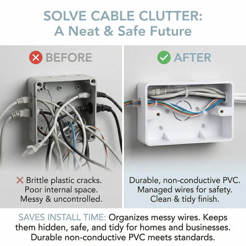 Comparison of messy old outlet box and new organized 5 Pack Surface Mount Outlet Box Plastic Electrical Junction Enclosure Backbox DIY