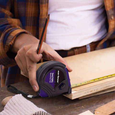 Person measuring wood plank using tape measure from 152 Piece Basic Household Hand Tool Set With Toolbox Storage Case All Purpose Home Tool Kit Includes Essential Tools For Office And College Repairs Purple.