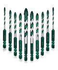 FEWELL 10-piece serrated eccentric masonry drill bit set, green-coated, 1/8-1/2 sizes for concrete, brick, tile.