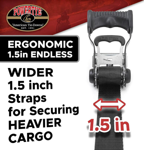 Heavy Hitter Endless Ratchet Straps 1.5 Inch By 4 Foot Ergonomic Grip No Hooks Required 800 Pound Holding Capacity Built Like A Tank No Friction Cargo Tie Down Quick Adjust Black Pack showing ratchet mechanism.