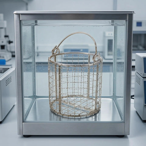 Healeved Stainless Steel Fine Mesh Cleaning Basket With Swinging Handle for Jewelry Watch Parts in ultrasonic cleaning tank.