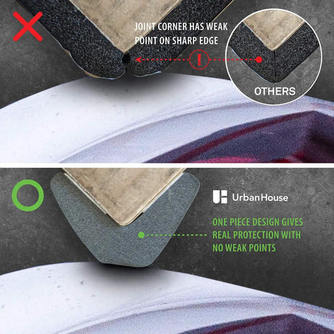 Comparison of two garage edge protectors; top shows weak joint, bottom highlights seamless high-density corner guard for baby proofing.