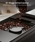 Fully Automatic Espresso Machine With Integrated Grinder And Auto Milk Frother Delivers Damn Good One Touch Brews showing conical burr grinder with coffee beans.