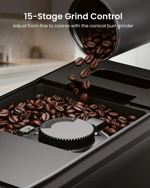 Supercharging Your Morning Ritual With This Fully Automatic Espresso Machine Featuring A Built In Grinder And OneTouch Milk Frother For Legit BaristaGrade Creations At Home showing beans pouring into a 15-stage grind control unit.