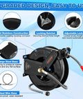 Pressure Washer Hose Reel With 50 Ft Three Eighths Inch Wire Braided Hose For Hot And Cold Water Auto Retractable Heavy Duty Reel 4000 PSI Black Ideal For Home DIY Garage Or Shop Use, showing upgraded design features.