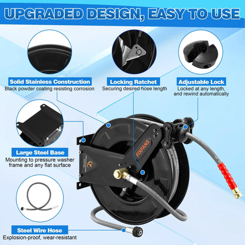 Pressure Washer Hose Reel With 50 Ft Three Eighths Inch Wire Braided Hose For Hot And Cold Water Auto Retractable Heavy Duty Reel 4000 PSI Black Ideal For Home DIY Garage Or Shop Use, showing upgraded design features.