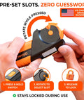 All In One Garden Tool Sharpener in use, showing hand adjusting preset slots for knives, axes, machetes, pruners, and shears.