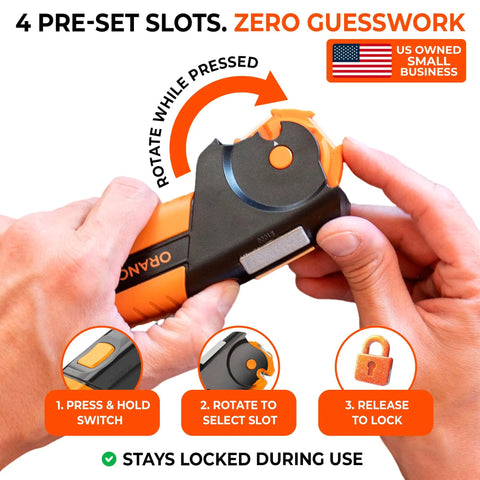 All In One Garden Tool Sharpener in use, showing hand adjusting preset slots for knives, axes, machetes, pruners, and shears.