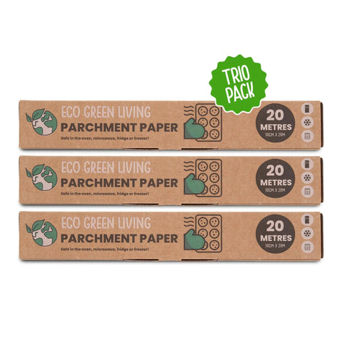 Compostable Unbleached Parchment Paper 60m Total Nonstick Greaseproof Baking Paper For Baking Roasting Wrapping Food Fridge Freezer Microwave Safe Eco Friendly 3 Pack showing three 20 meter rolls in eco-friendly packaging.