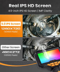 Rock Solid Two Way Articulating Borescope With Bright Led Lamp And Kickass Flexible Snake Cable For Gritty Under Car Engine Diagnostics showing a 4.5-inch IPS HD screen.