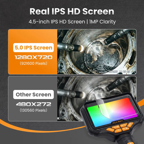 Rock Solid Two Way Articulating Borescope With Bright Led Lamp And Kickass Flexible Snake Cable For Gritty Under Car Engine Diagnostics showing a 4.5-inch IPS HD screen.