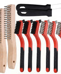 Heavy Duty Wire Brush Set With Stainless Steel And Nylon Bristles Includes Wood Handle Brushes And Metal Scrapers displayed