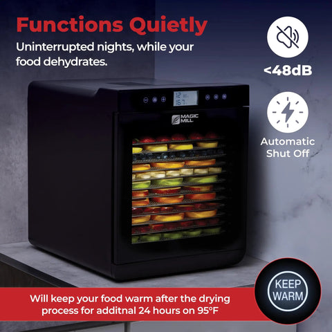 Kickass Food Dehydrator With Fifteen Extra Large Stainless Trays For Making Badass Beef Jerky And Crispy Dog Treats Featuring Precision Rear Fan And Adjustable Heat Settings For No Sweat Drying Jobs on kitchen counter.