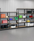 Rock Solid Five Tier Riveted Steel Shelving Unit With Adjustable Shelves 3800 Lbs Capacity organized with colorful bins in garage.