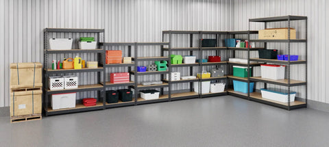 Rock Solid Five Tier Riveted Steel Shelving Unit With Adjustable Shelves 3800 Lbs Capacity organized with colorful bins in garage.