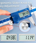 Left-Handed Digital Caliper With Large LCD Screen, Stainless Steel Body, Dual Reading In Inches And Millimeters with ergonomic slider knob.