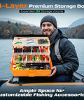 Man on boat holding Massive 4-Layer Tackle Box Kit With 547-Piece Fishing Lures Set for freshwater bass