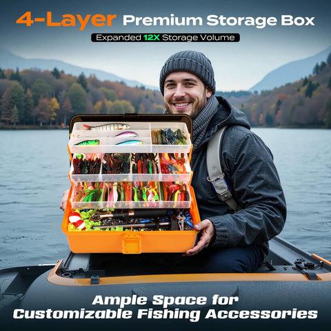 Man on boat holding Massive 4-Layer Tackle Box Kit With 547-Piece Fishing Lures Set for freshwater bass