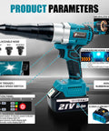 Upgrade Your Tool Kit With This Badass Brushless Cordless Rivet Gun showing product features like a brushless motor and power switch.