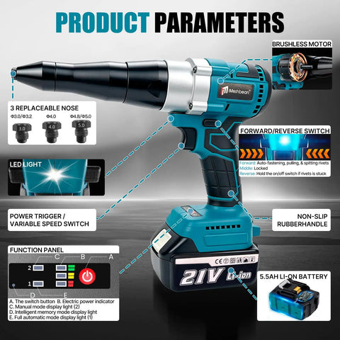 Upgrade Your Tool Kit With This Badass Brushless Cordless Rivet Gun showing product features like a brushless motor and power switch.